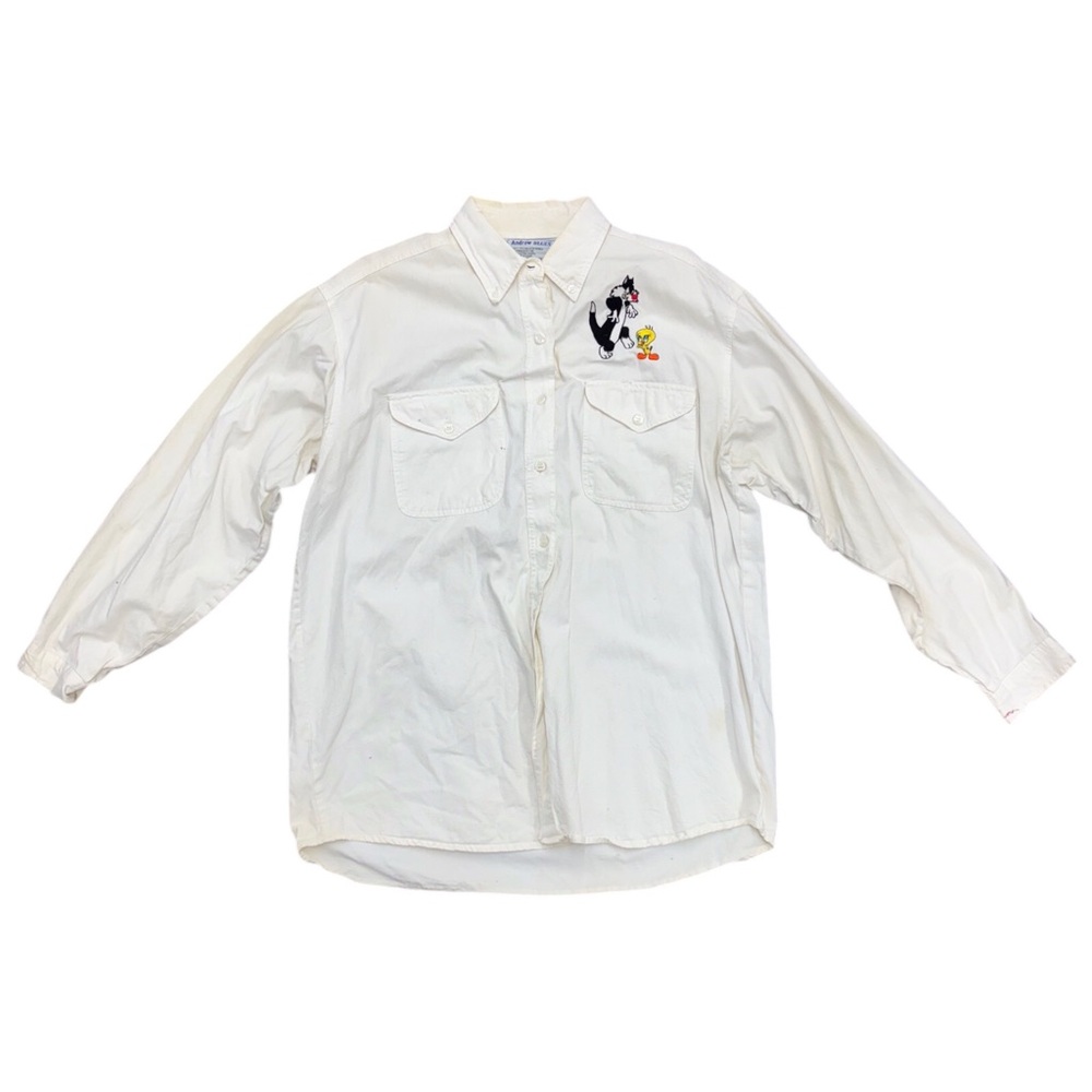 Andrew Blues Men’s Vintage Tweety and Sylvester Looney Toons White Button Sz L